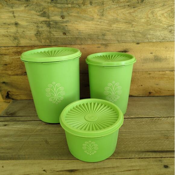 Vintage 1970s Set of Three Tupperware Apple Green Servalier Canisters - Picture 1 of 10